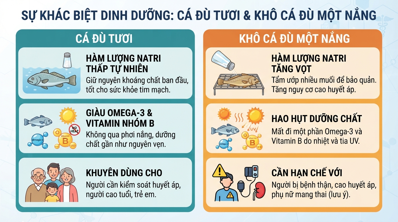 Sự chênh lệch hàm lượng natri và dưỡng chất giữa hai dạng chế biến cá đù.