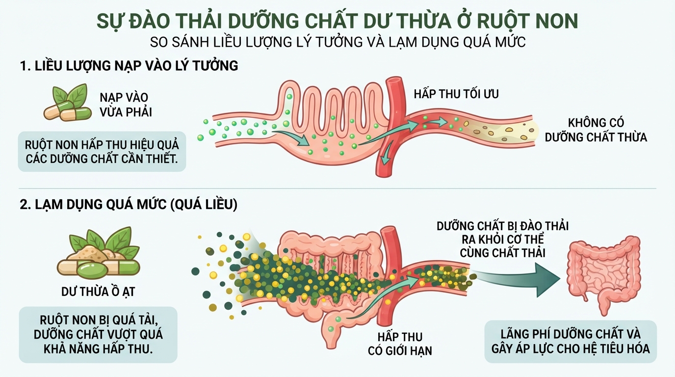 Sự đào thải dưỡng chất dư thừa ở ruột non khi sử dụng quá liều lượng.