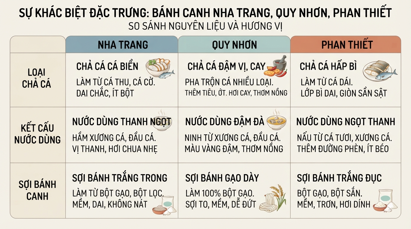 Sự khác biệt đặc trưng về nguyên liệu và hương vị của bánh canh tại Nha Trang, Quy Nhơn, Phan Thiết.