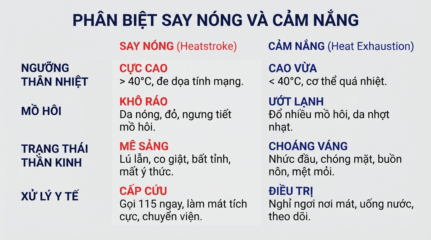 Sự khác biệt giữa say nóng và cảm nắng thể hiện qua trạng thái da và mức độ tỉnh táo.
