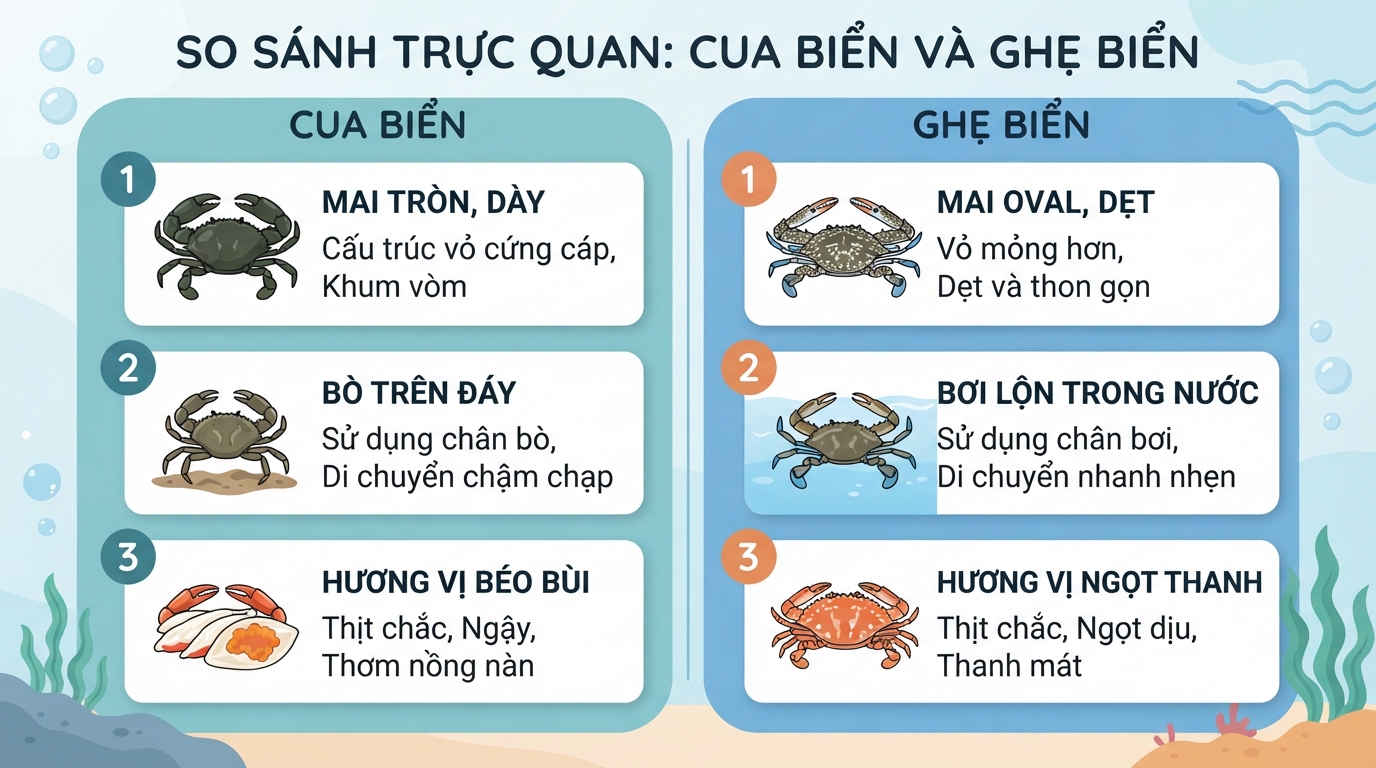 Sự khác biệt về cấu trúc vỏ và đặc tính di chuyển giữa cua biển và ghẹ biển.