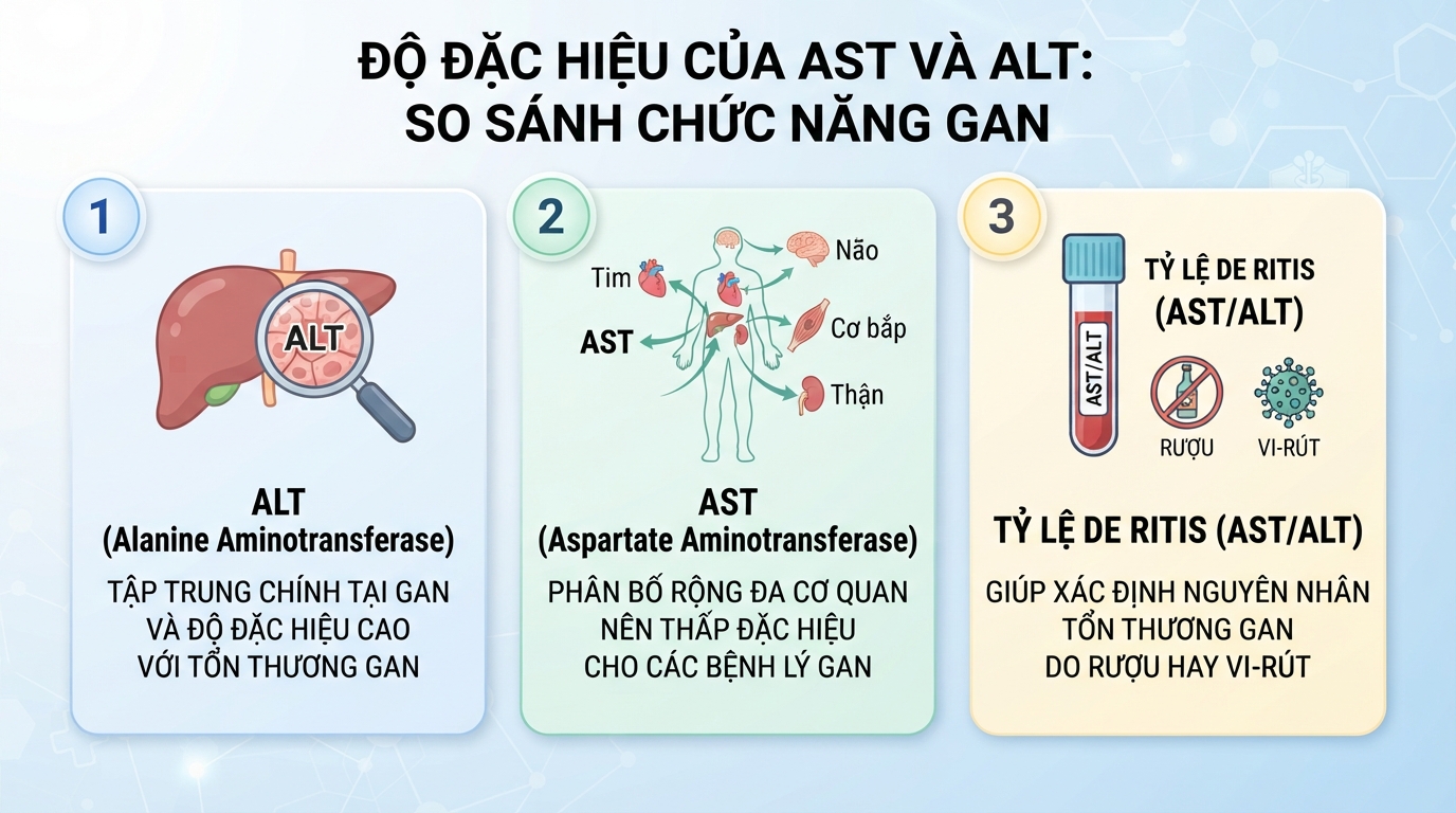 Sự khác biệt về độ đặc hiệu giữa hai chỉ số AST và ALT trong gan. Sự khác biệt về độ đặc hiệu giữa hai chỉ số AST và ALT trong gan.