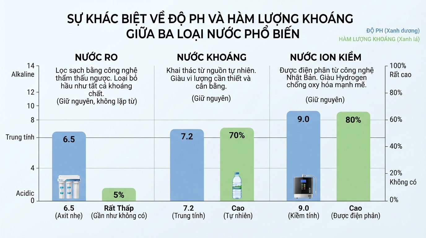 Sự khác biệt về độ pH và hàm lượng khoáng giữa ba loại nước phổ biến.