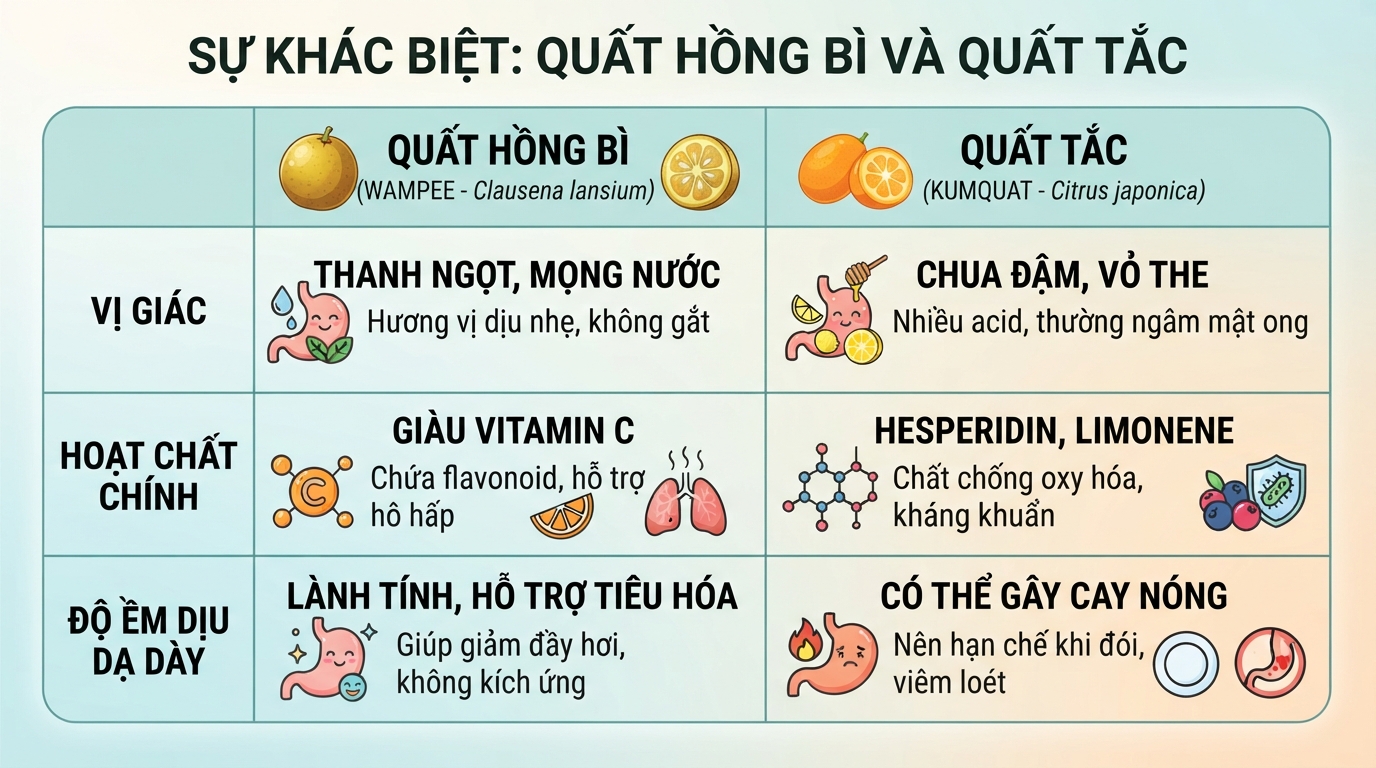 Sự khác biệt về dược tính và vị giác giữa quất hồng bì và quả quất tắc.