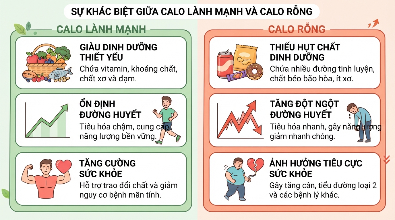 Sự khác biệt về giá trị dinh dưỡng và tác động sức khỏe của hai nhóm calo.