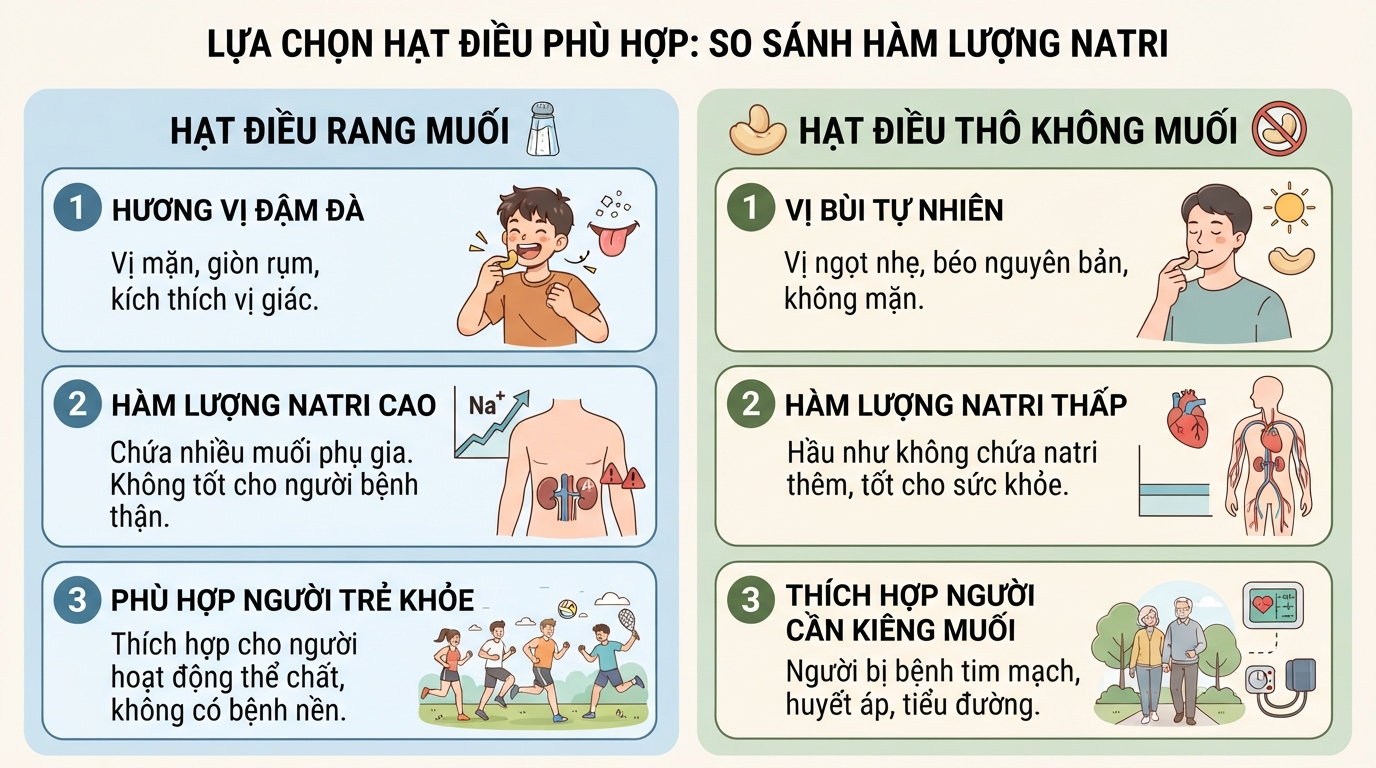 Sự khác biệt về hàm lượng natri giúp lựa chọn loại hạt phù hợp với thể trạng.