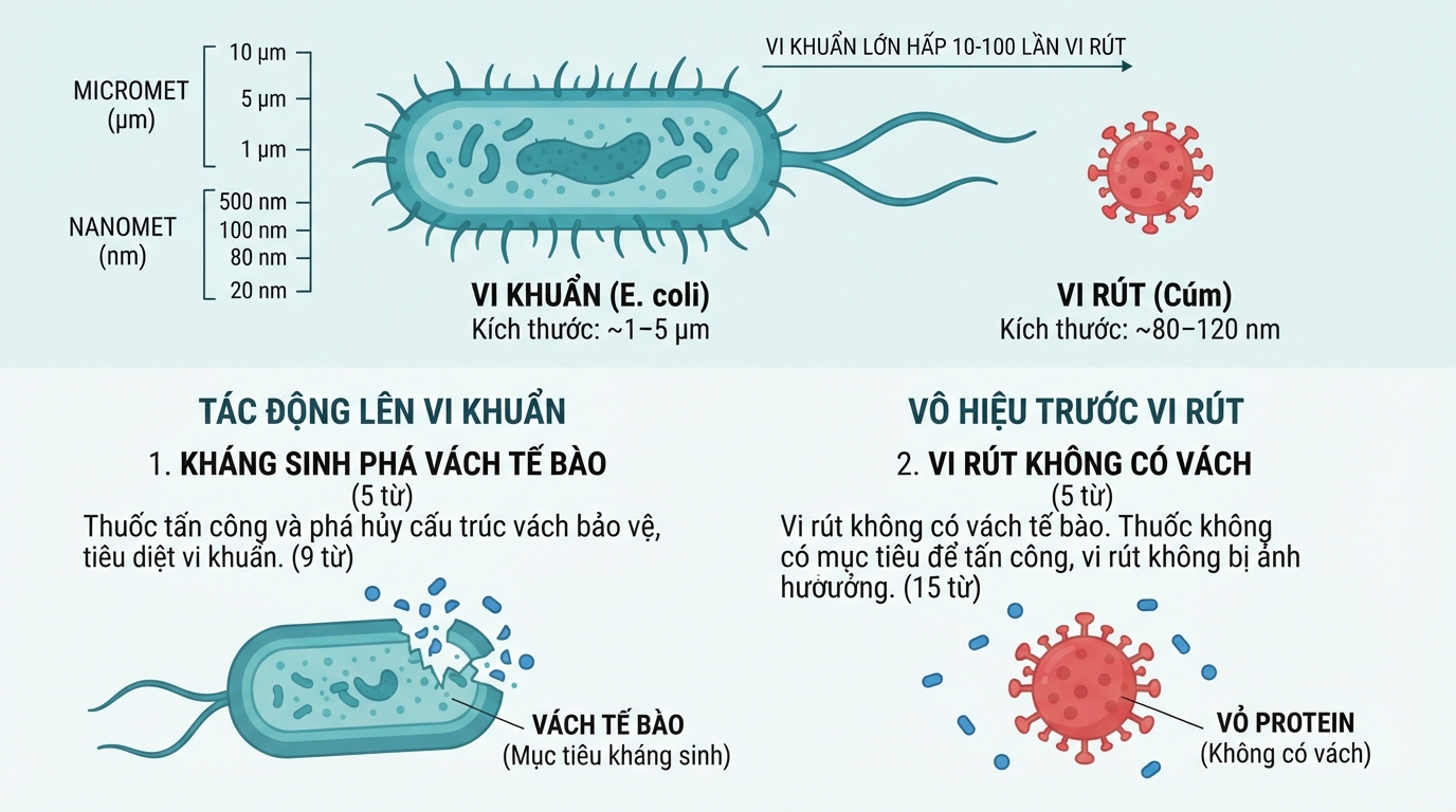 Sự khác biệt về kích thước và cấu trúc khiến kháng sinh vô hiệu trước các loại vi rút.