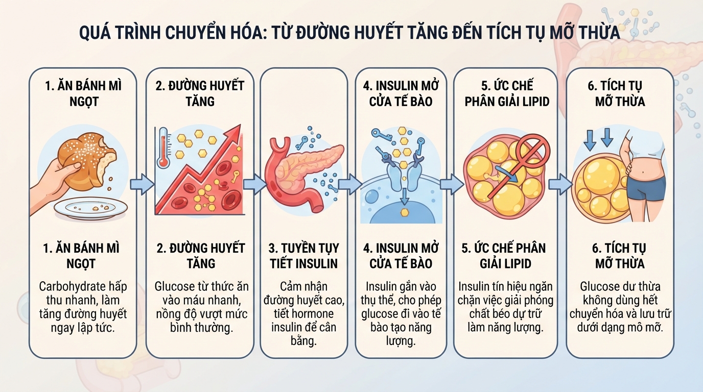 Sự tăng vọt insulin do tinh bột nhanh làm tăng tốc độ tích tụ mỡ thừa.