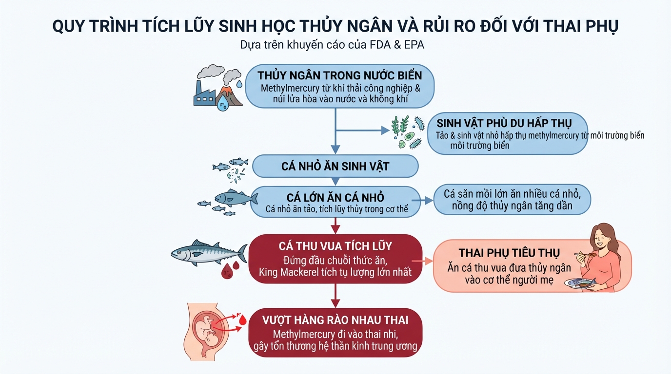 Sự tích lũy thủy ngân chuỗi thức ăn khiến cá thu vua không an toàn cho thai phụ.