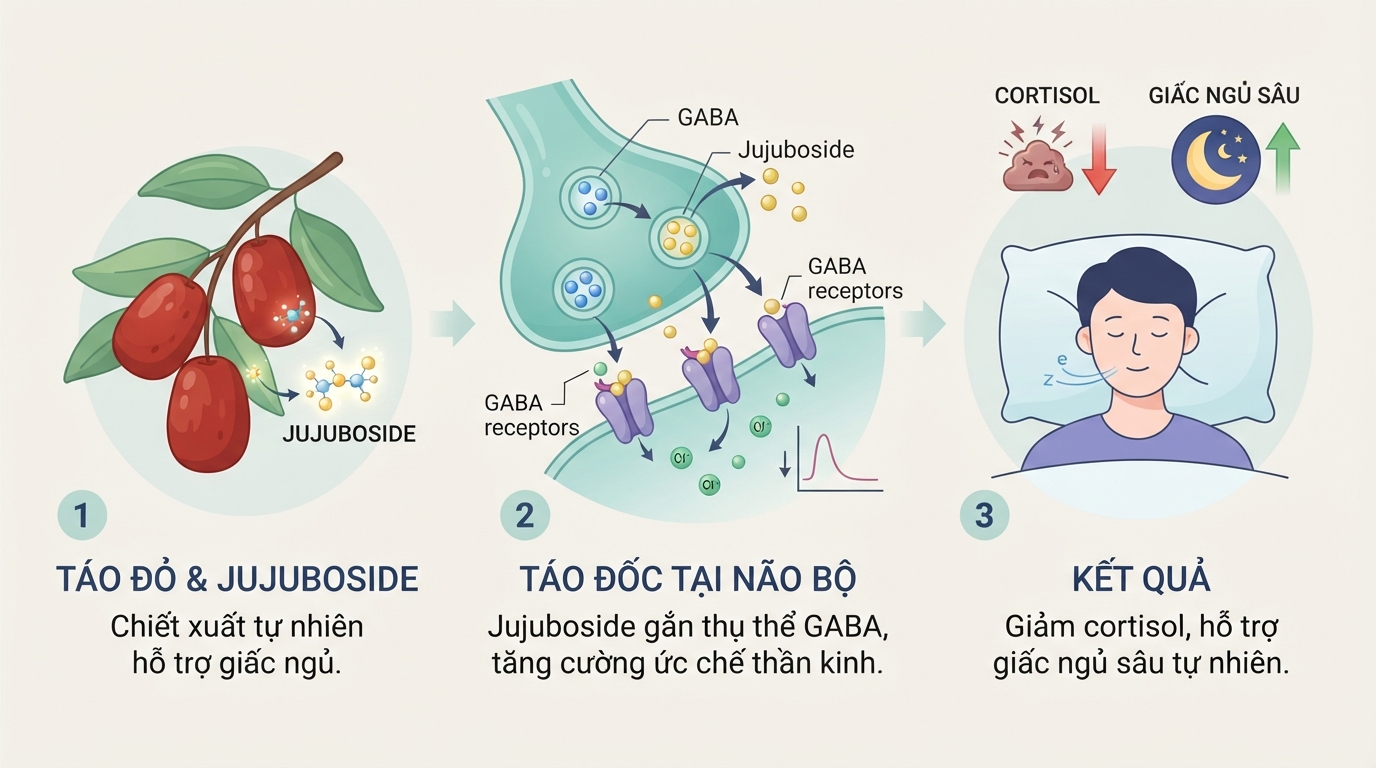 Tác động của jujuboside trong táo đỏ kỷ tử lên hệ thần kinh giúp ngủ ngon.