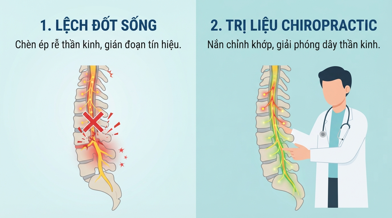 Tác động của lệch đốt sống đến dây thần kinh và hiệu quả trị liệu chiropractic.