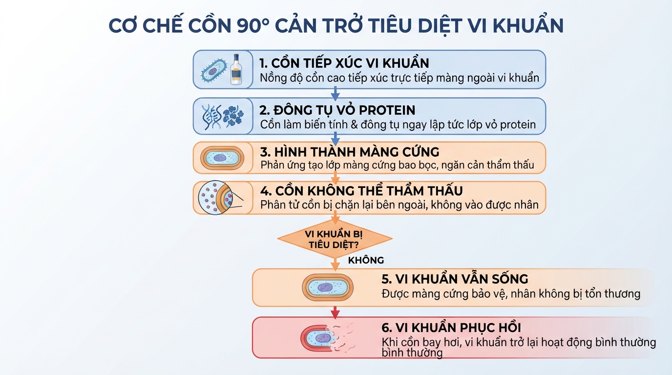 Tác động đông tụ vỏ protein cản trở cồn 90 độ tiêu diệt vi khuẩn.