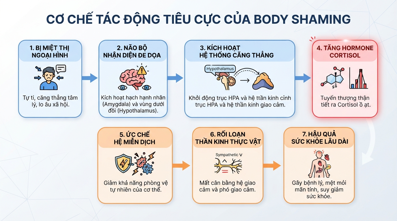Tác động tiêu cực của body shaming lên hệ thần kinh và sức khỏe thể chất.