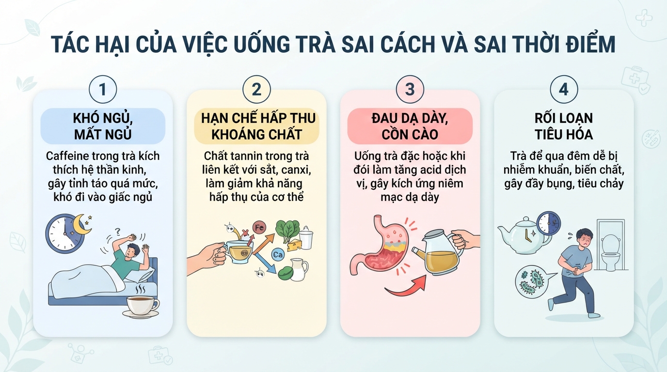 Tác động tiêu cực tới dạ dày và giấc ngủ khi sử dụng trà sai thời điểm.