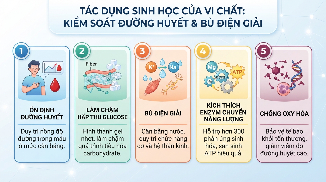 Tác dụng sinh học của các vi chất giúp kiểm soát đường huyết và bù điện giải.