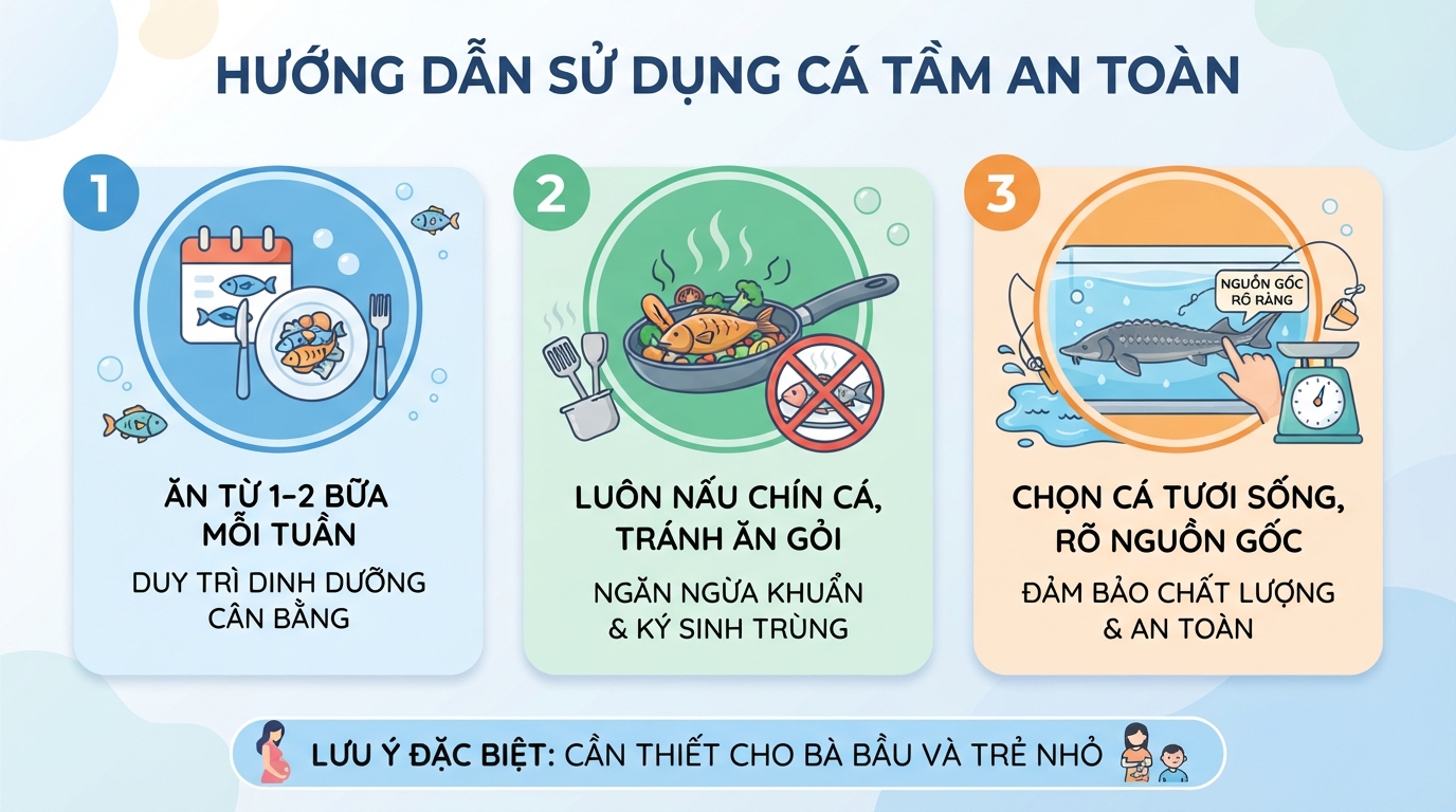 Tần suất ăn và nguyên tắc chế biến cá tầm an toàn cho sức khỏe.