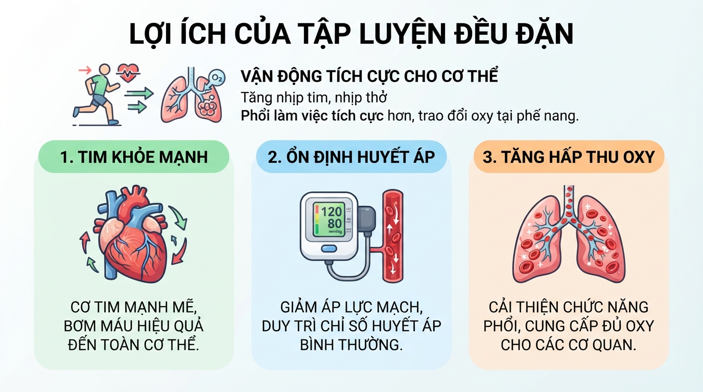 Tập luyện đều đặn giúp tim khỏe mạnh, ổn định huyết áp và tăng khả năng hấp thụ oxy.