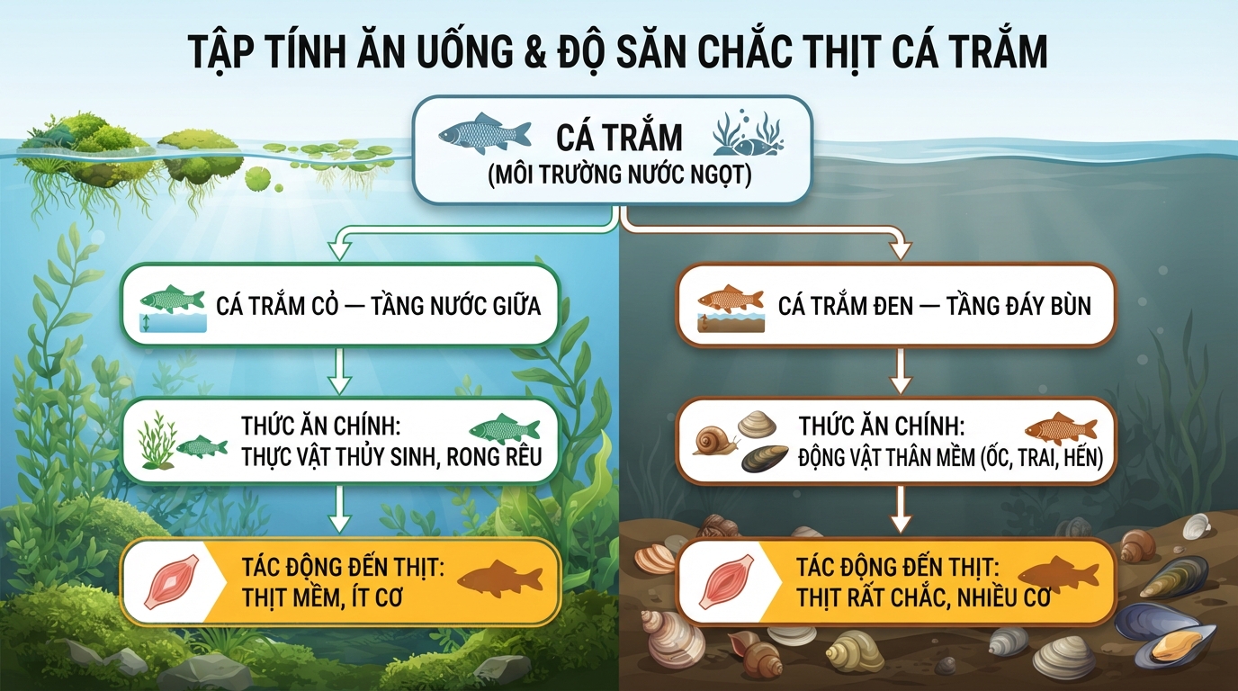 Tập tính ăn uống ở các tầng nước quyết định độ săn chắc thịt của cá trắm.