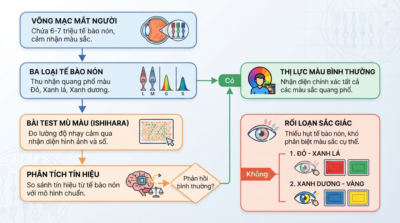 Tế bào nón võng mạc trong bài test mù màu giúp xác định dạng rối loạn sắc giác.
