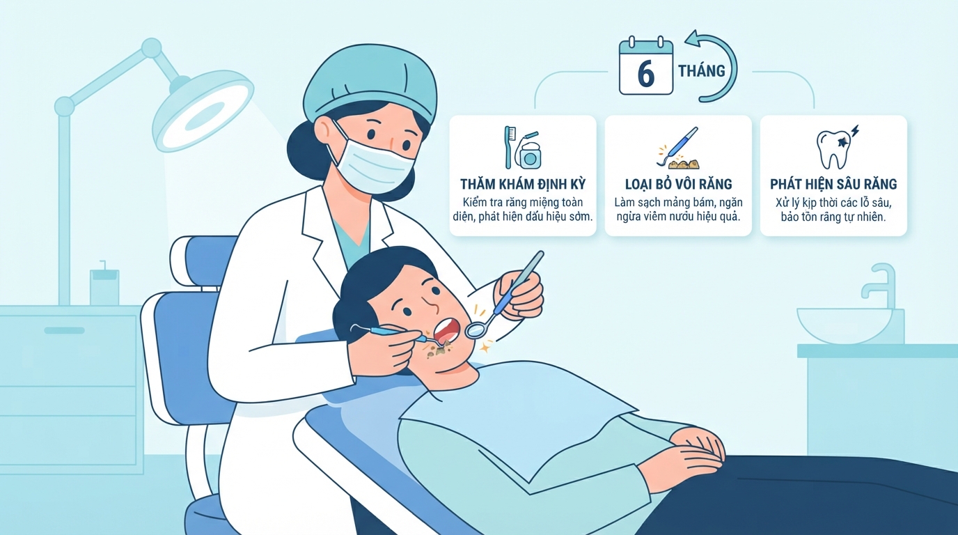 Thăm khám nha khoa định kỳ mỗi sáu tháng giúp phát hiện sớm các tổn thương răng miệng tiềm ẩn.