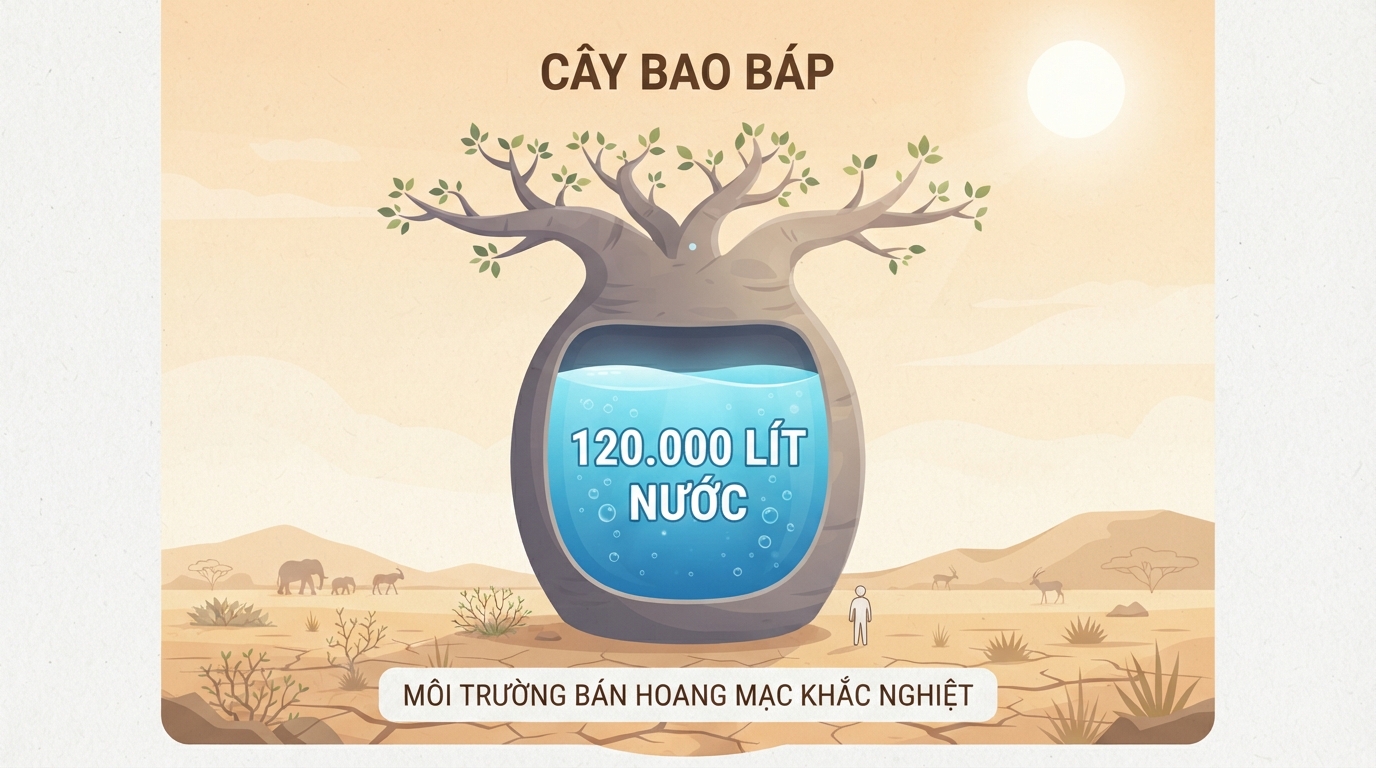 Thân cây bao báp có thể tích trữ tới 120.000 lít nước chống chịu khô hạn.