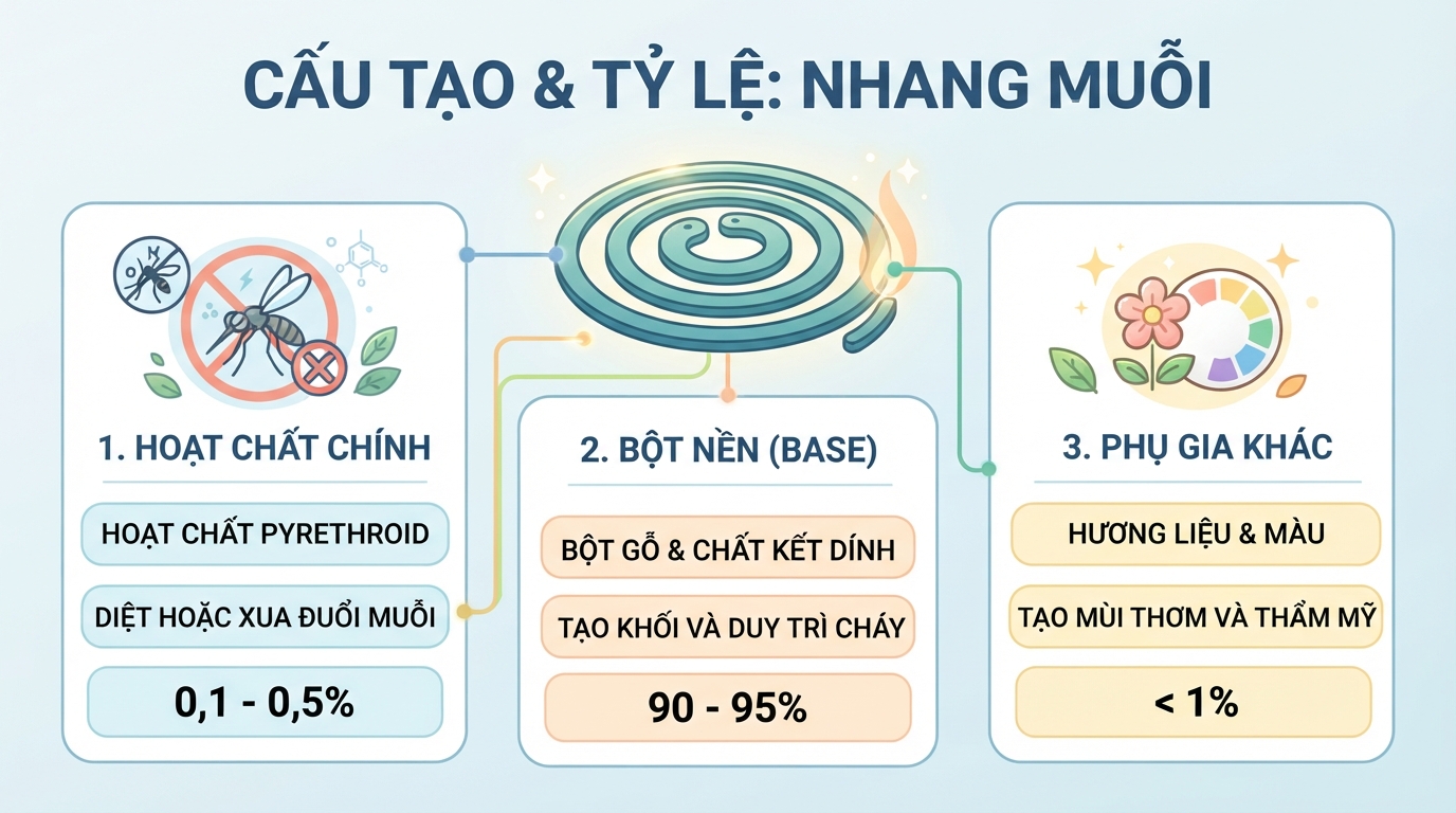 Thành phần của nhang muỗi bao gồm hoạt chất Pyrethroid chiếm tỷ lệ nhỏ cùng bột gỗ và chất kết dính.