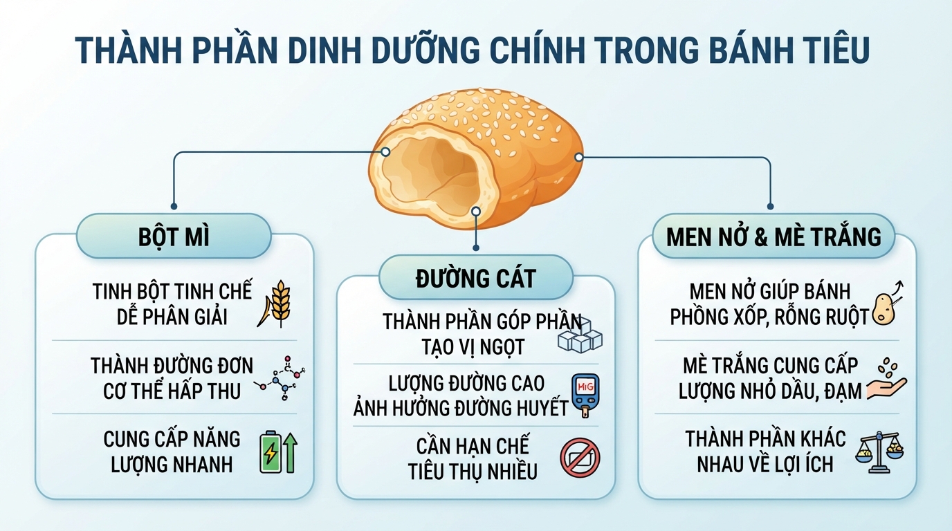 Thành phần dinh dưỡng chính trong bánh tiêu gồm bột mì tinh chế, đường và men nở.