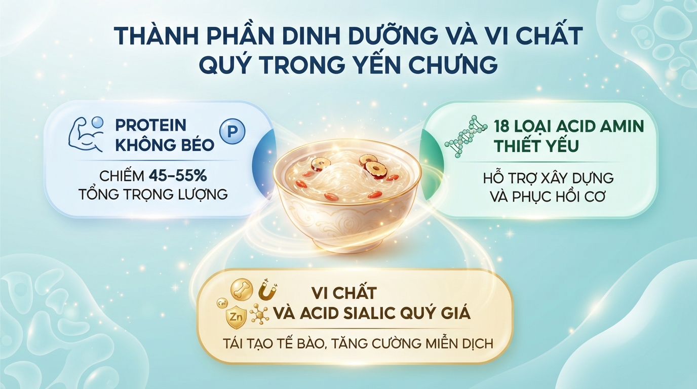 Thành phần dinh dưỡng cùng các vi chất quý giá có trong chén yến chưng.