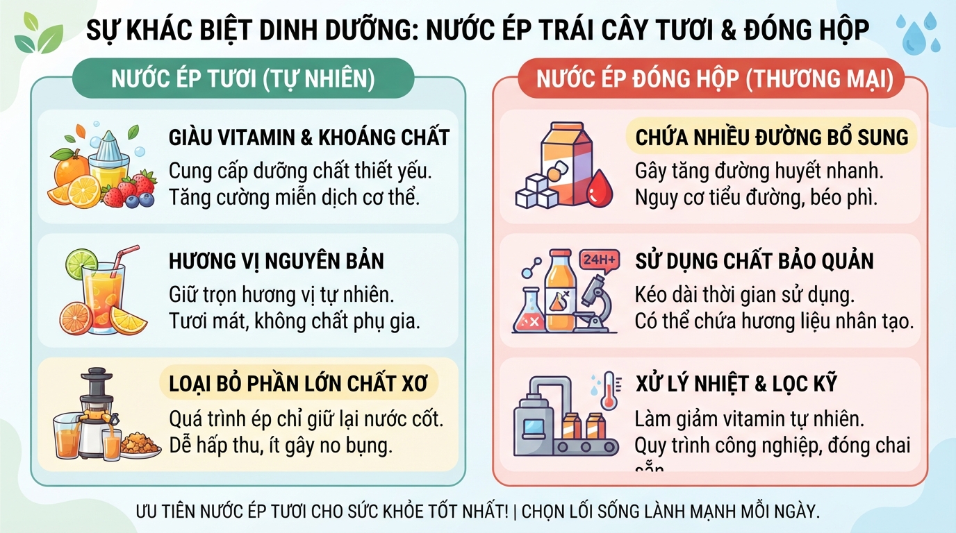 Thành phần dinh dưỡng nước ép trái cây tươi khác biệt hoàn toàn so với các loại đóng hộp thương mại.