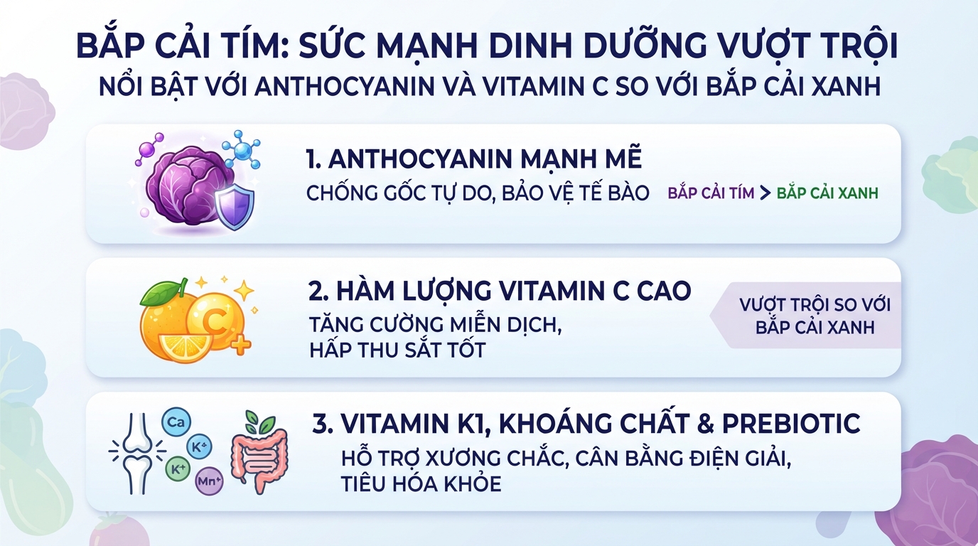 Thành phần dinh dưỡng trong bắp cải tím nổi bật với lượng Anthocyanin và Vitamin C vượt trội bắp cải xanh.