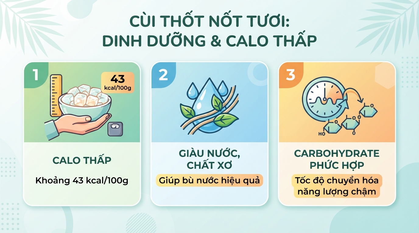 Thành phần dinh dưỡng và hàm lượng calo thấp trong cùi quả thốt nốt tươi nguyên chất.