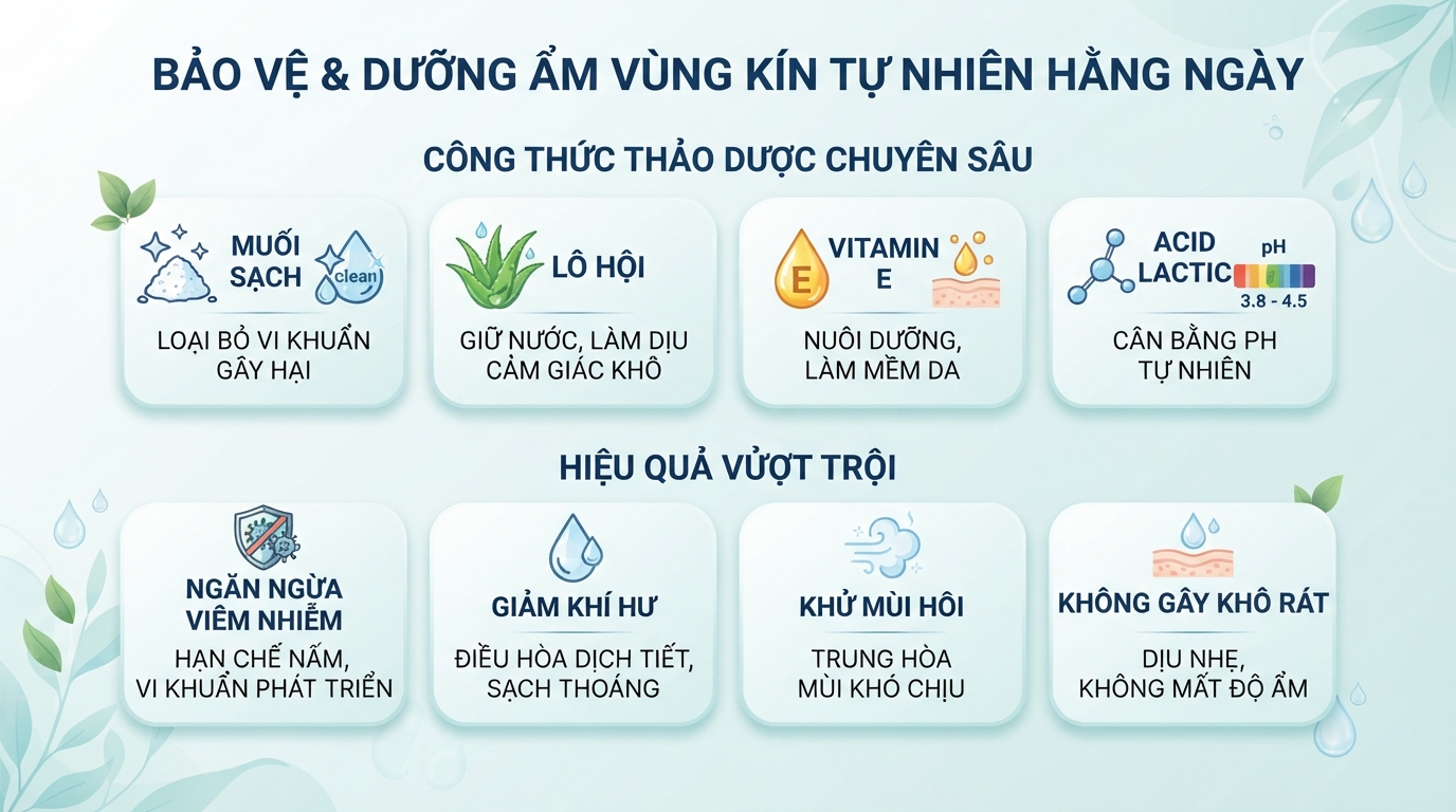 Thảo dược tự nhiên hỗ trợ kháng khuẩn và giữ ẩm mềm mại hằng ngày.
