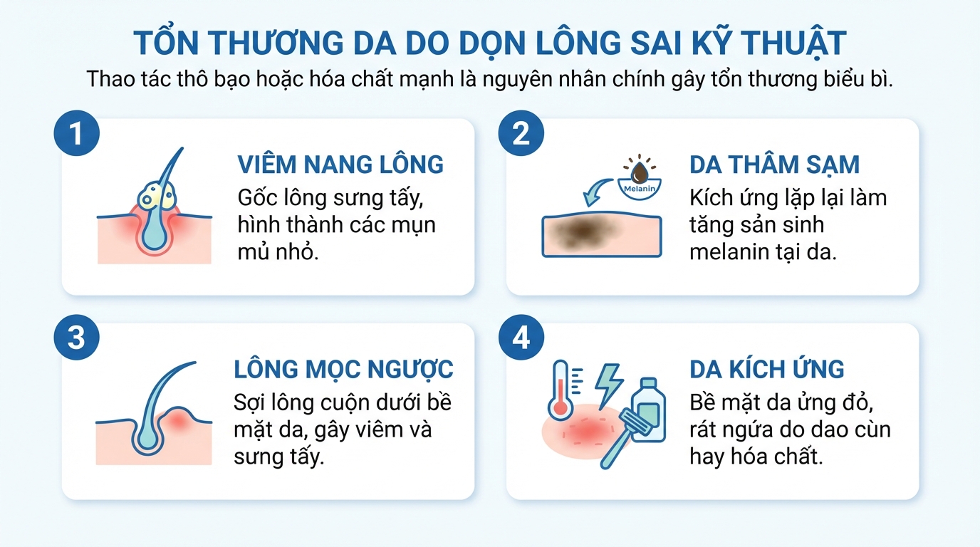 Thao tác thô bạo hoặc hóa chất mạnh là nguyên nhân chính gây tổn thương biểu bì.