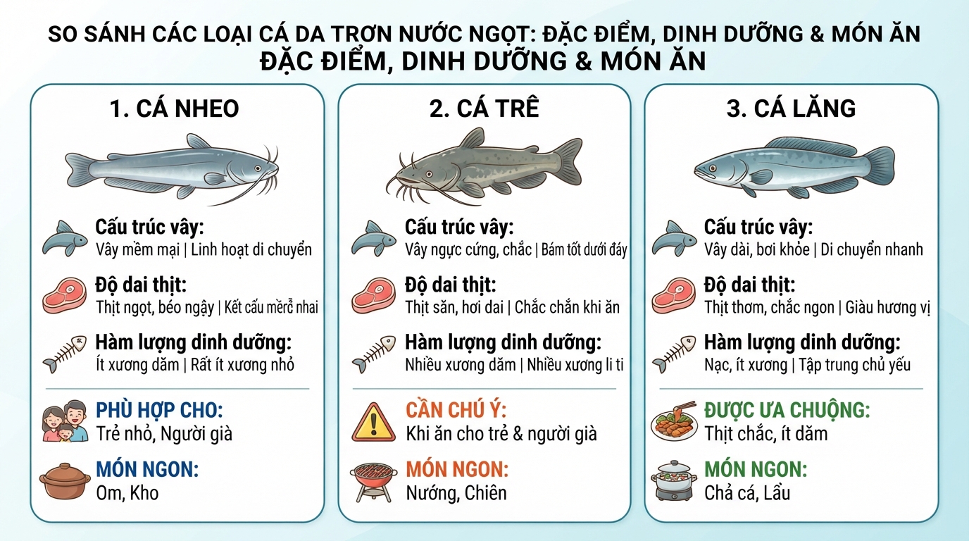 Thịt cá nheo ít xương dăm hơn cá trê, thích hợp cho trẻ nhỏ và người già.