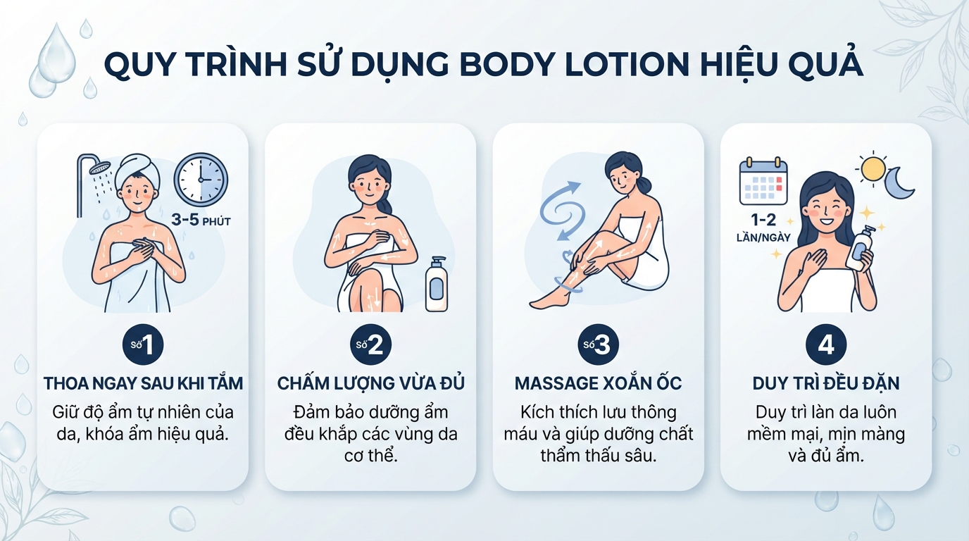 Thoa dưỡng thể trong thời điểm vàng sau khi tắm giúp khóa chặt độ ẩm tự nhiên.