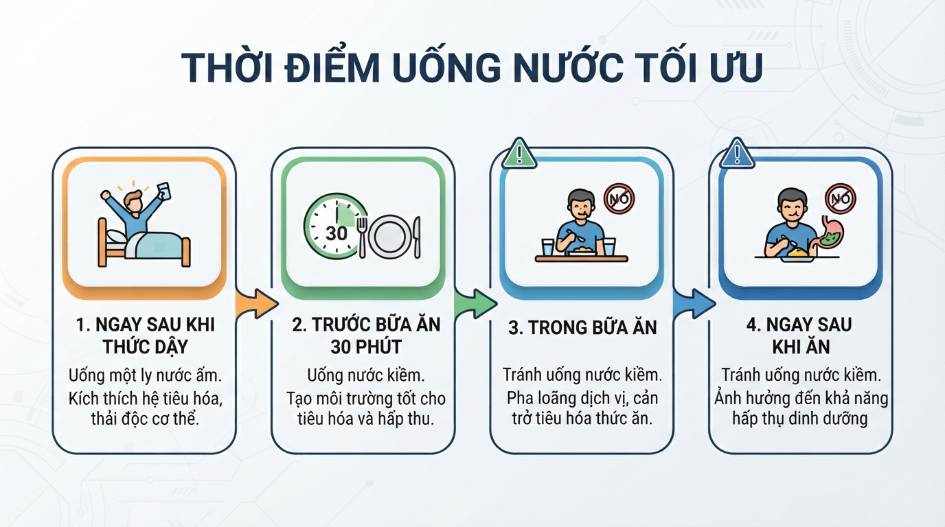 Thời điểm uống nước tối ưu nhất là sau khi thức dậy và trước bữa ăn.