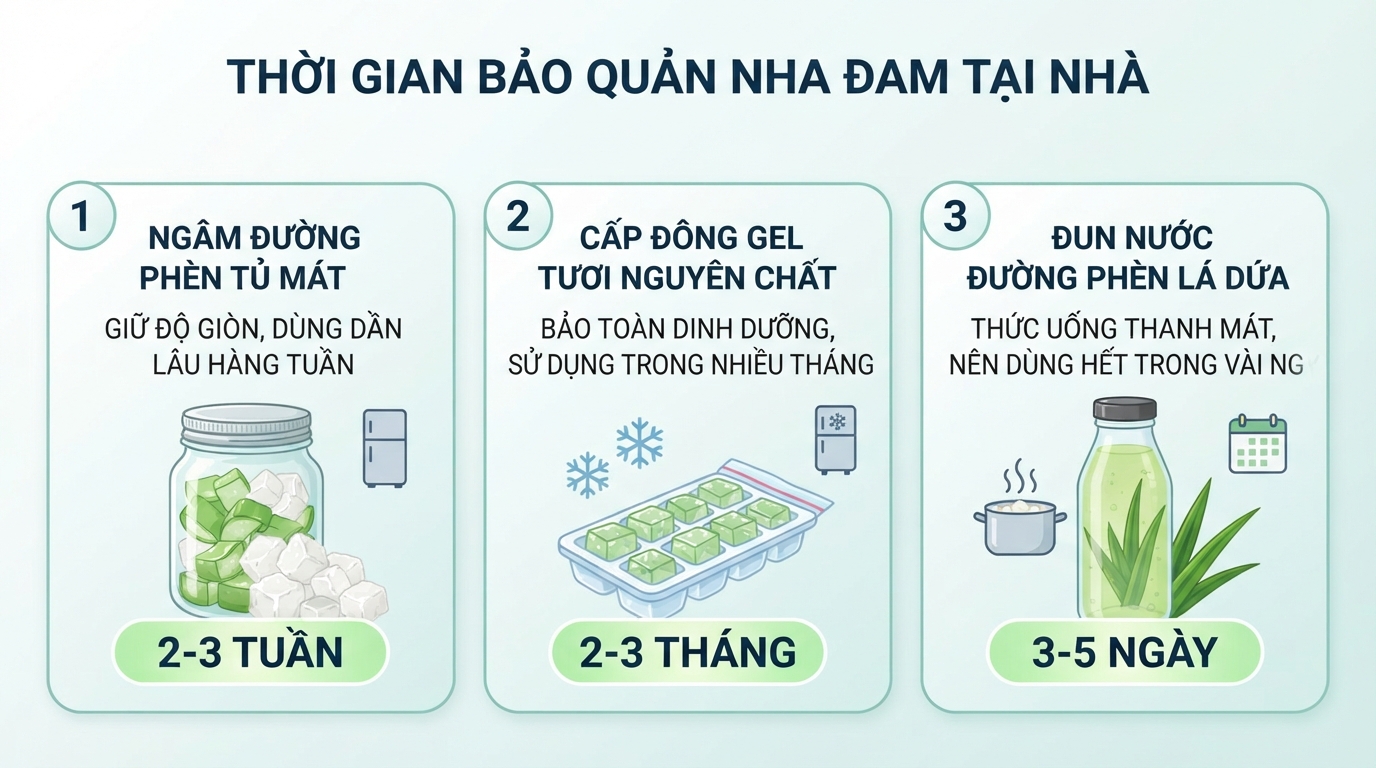 Thời gian bảo quản tương ứng của 3 phương pháp chế biến nha đam tại nhà.