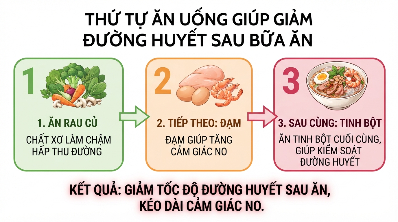 Thứ tự tiêu thụ thực phẩm giúp giảm tốc độ tăng đường huyết sau bữa ăn.