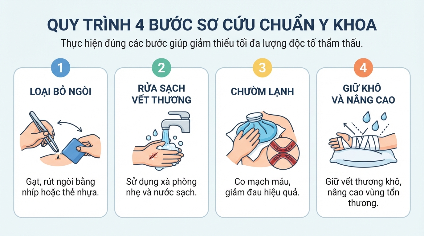 Thực hiện đúng 4 bước sơ cứu giúp giảm thiểu tối đa lượng độc tố thẩm thấu. Thực hiện đúng 4 bước sơ cứu giúp giảm thiểu tối đa lượng độc tố thẩm thấu.