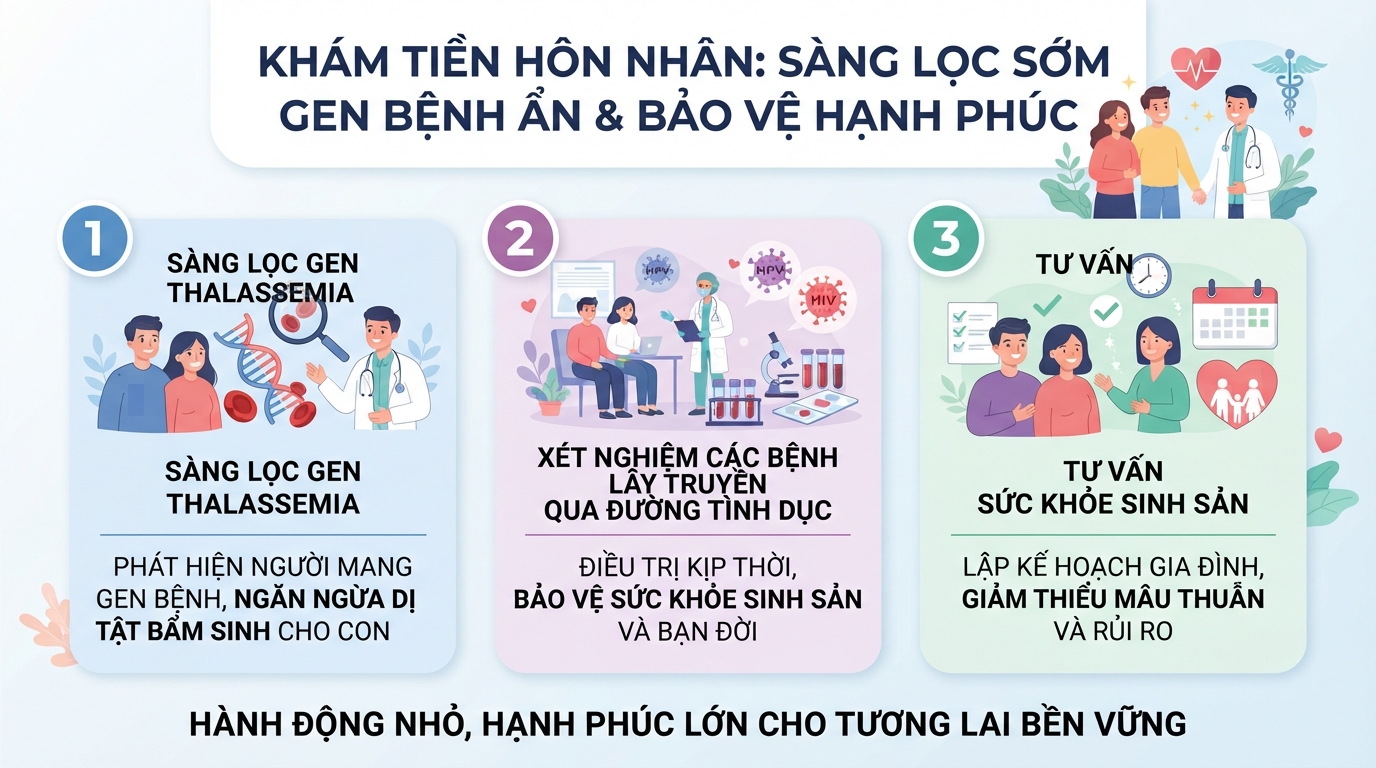 Thực hiện khám tiền hôn nhân giúp sàng lọc sớm các gen bệnh ẩn nguy hiểm như Thalassemia.