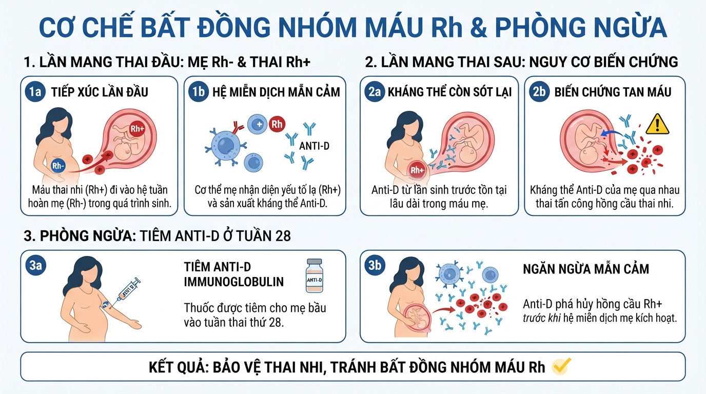 Tiêm Anti-D ở tuần thai 28 giúp ngăn ngừa biến chứng bất đồng nhóm máu Rh.