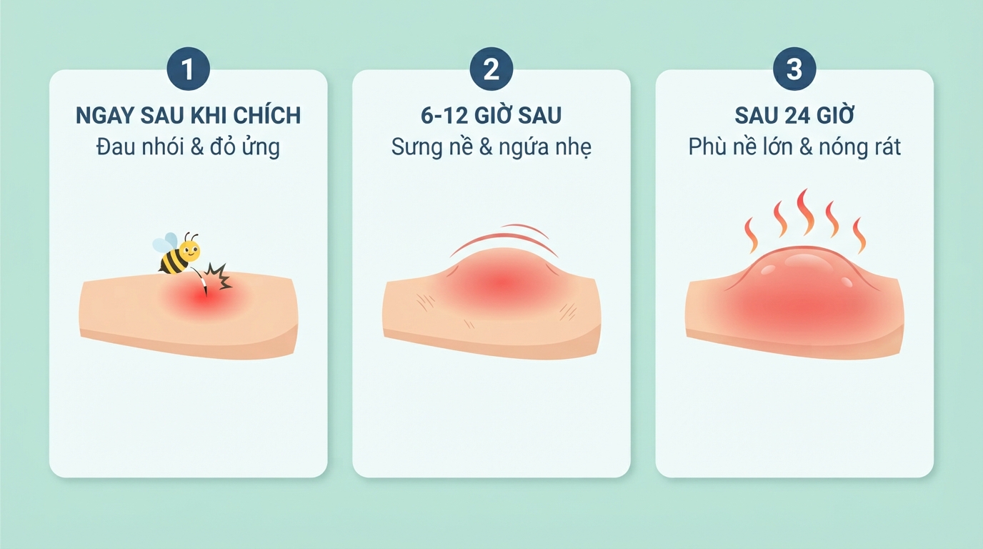 Tiến trình sưng đỏ và phù nề tại vùng da tổn thương trong 24 giờ đầu.