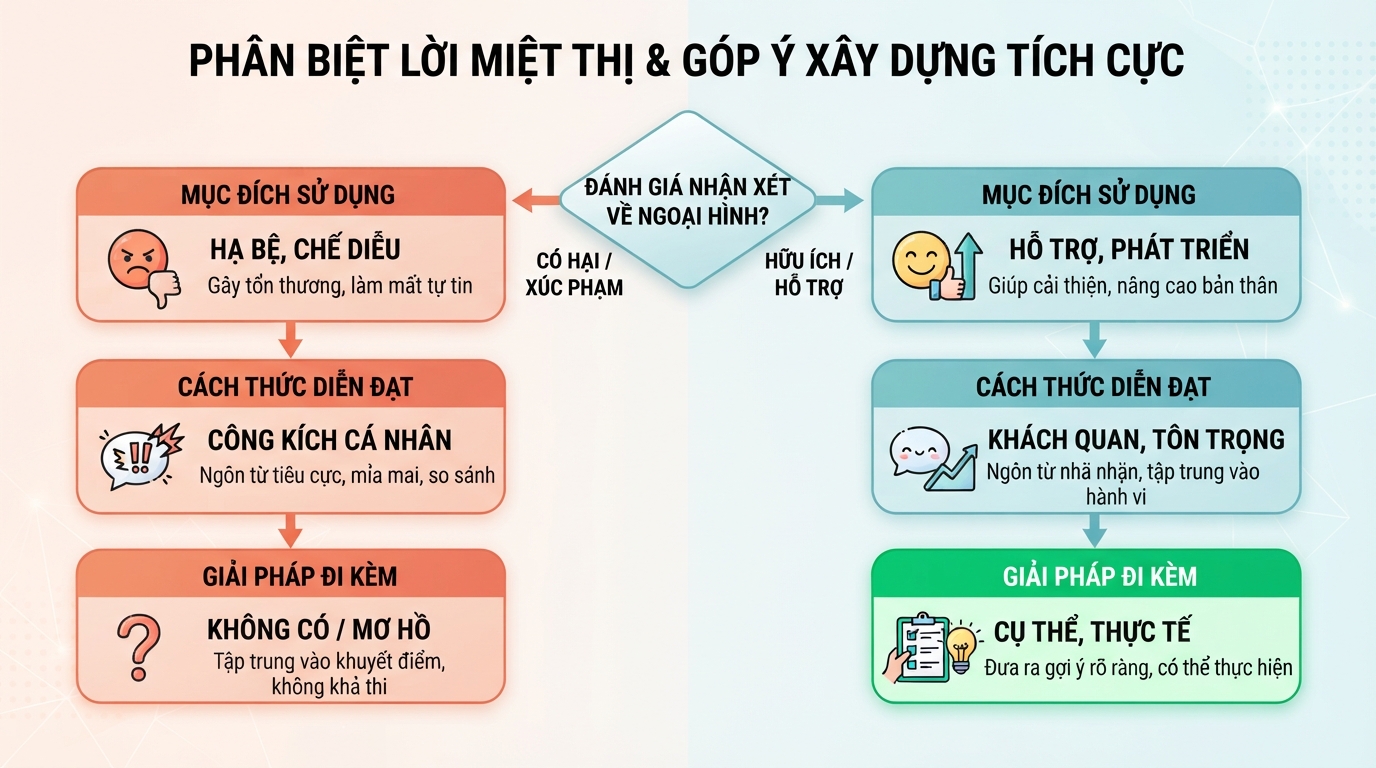 Tiêu chí phân biệt giữa lời miệt thị ngoại hình và góp ý xây dựng tích cực.