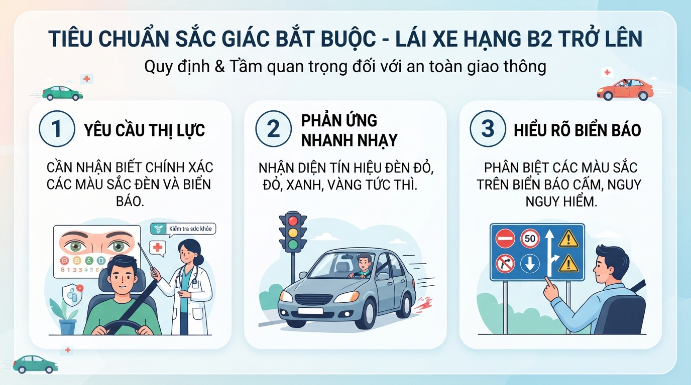 Tiêu chuẩn sắc giác bắt buộc đối với tài xế lái xe cơ giới từ hạng B2 trở lên.