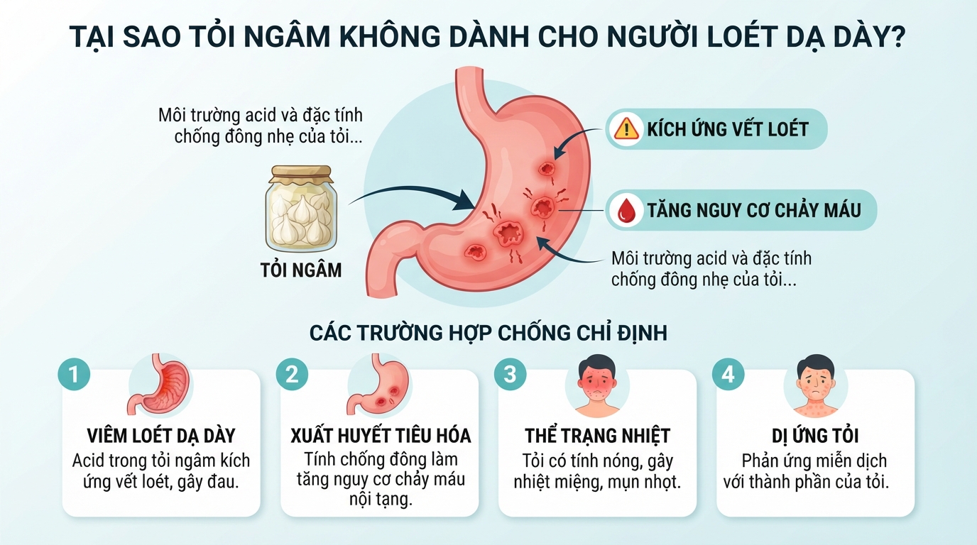 Tính acid và đặc tính chống đông nhẹ khiến tỏi ngâm không hợp người loét dạ dày.