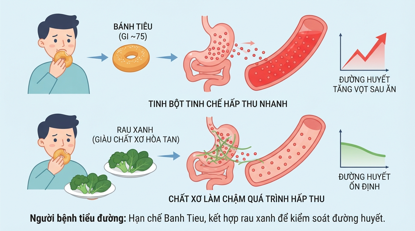 Tinh bột tinh chế chuyển hóa nhanh thành glucose gây biến động đường huyết sau ăn.