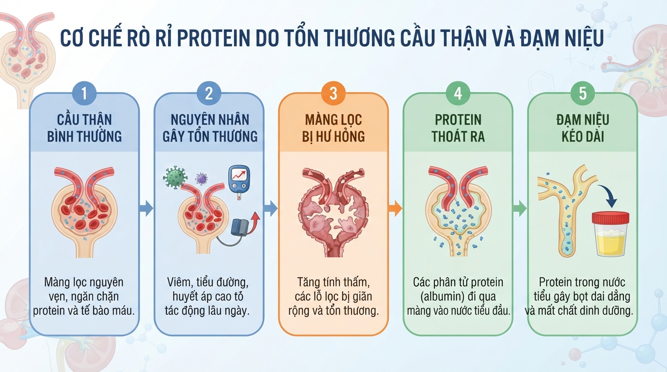 Tổn thương cầu thận làm thất thoát protein vào nước tiểu gây đạm niệu kéo dài.