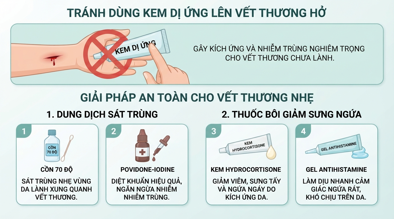 Tránh bôi các loại kem dị ứng lên vết thương hở hoặc bị trầy xước.