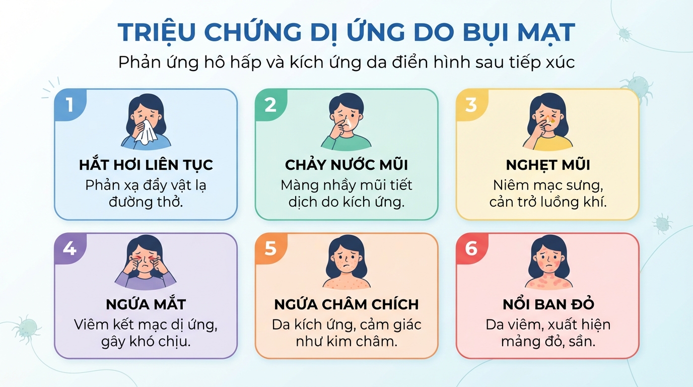 Triệu chứng dị ứng hô hấp và kích ứng da điển hình do tiếp xúc bụi mạt.