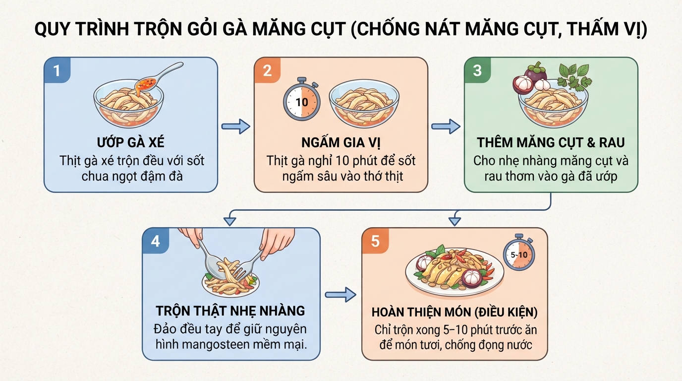 Trộn sốt với thịt gà trước giúp thớ thịt ngấm vị mà không làm nát măng cụt.